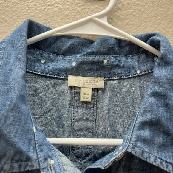 Talbots Button Front Chambray Denim Button Up Shirt Polka Dot Trim Sz Petite XL - Picture 3 of 5